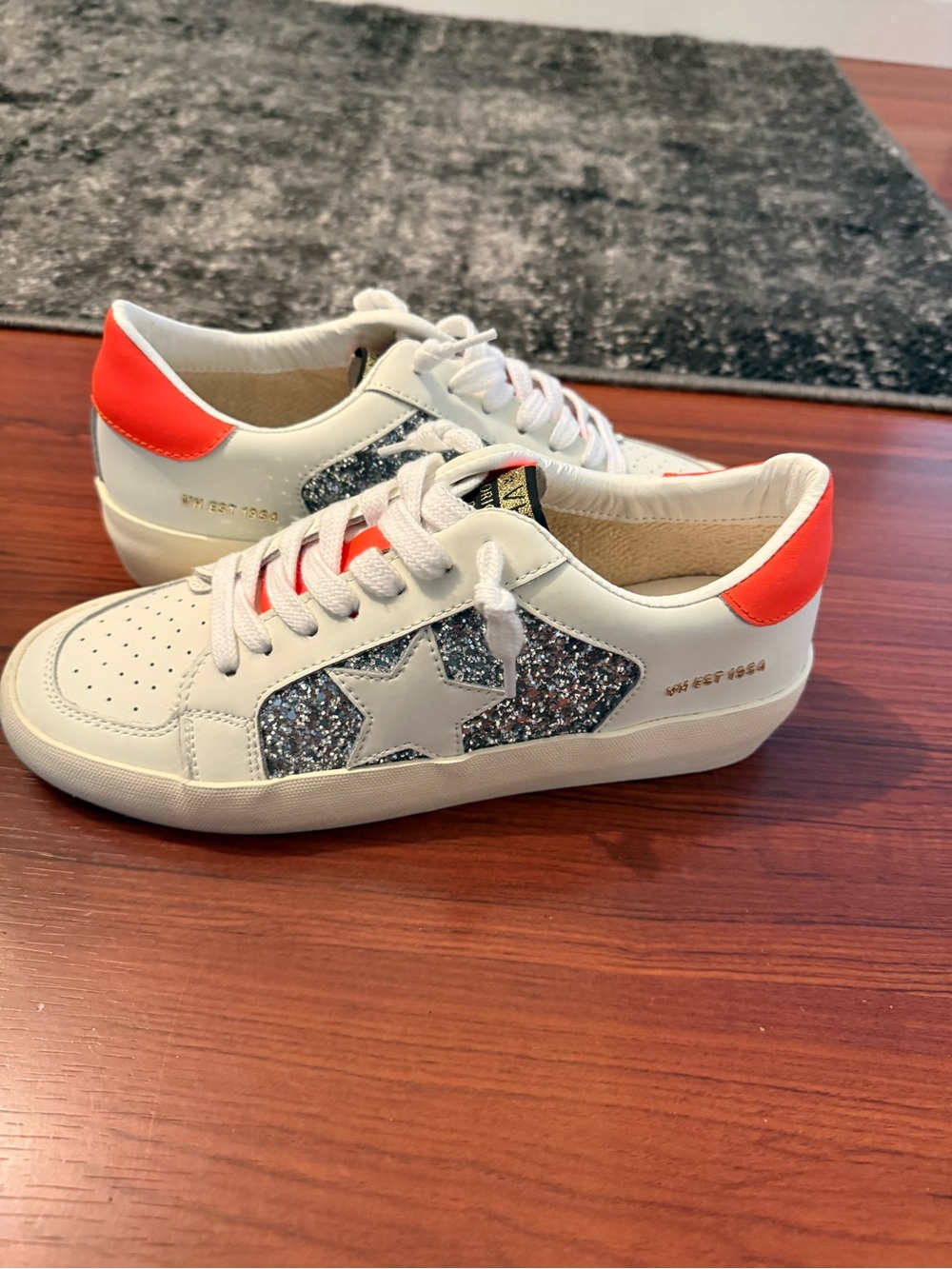 Vintage Havana White Sneakers with Silver Glitter Star and Orange Heel